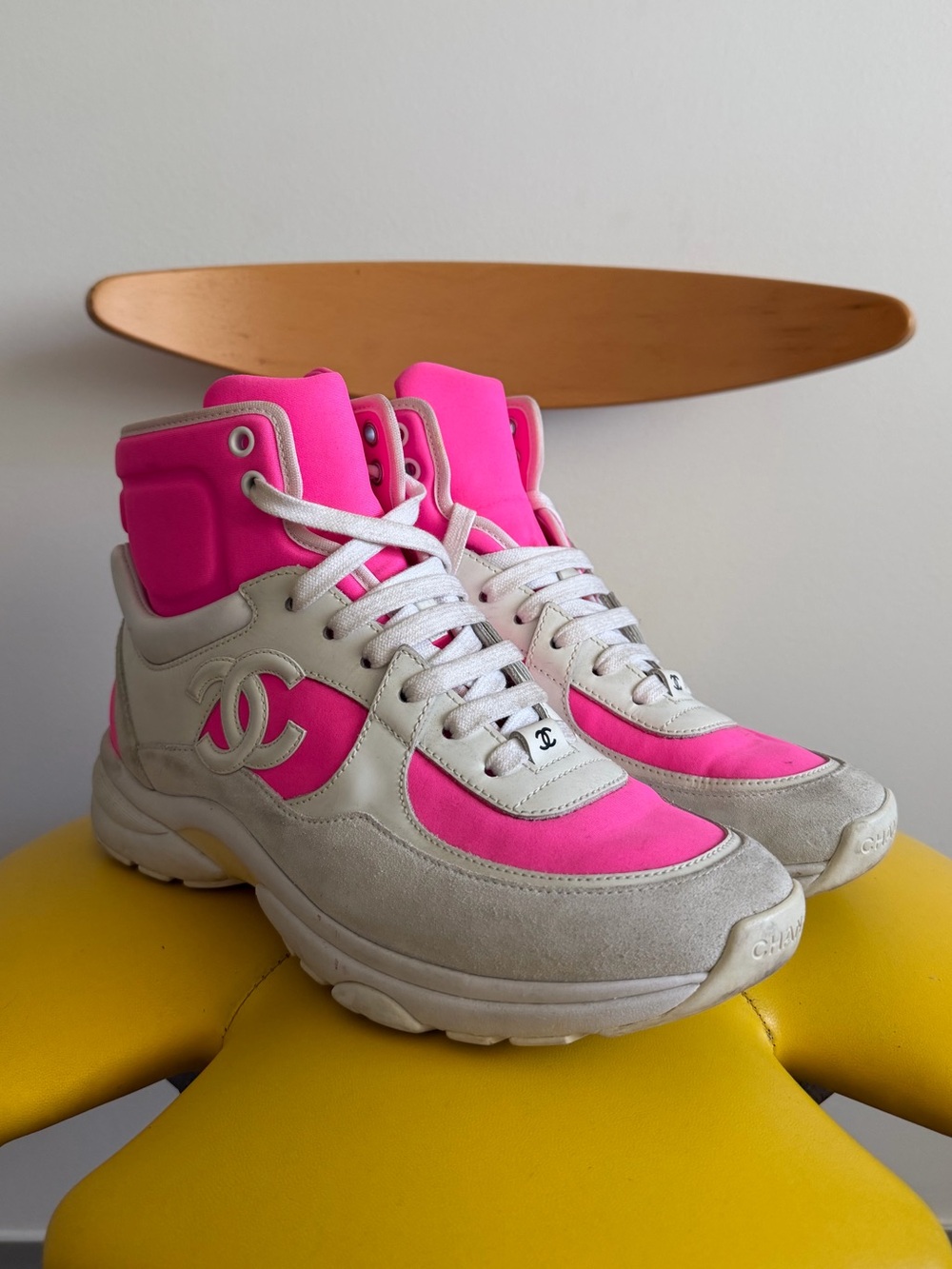 Chanel Fluo Pink Suede Calfskin Lambskin Neoprene High Top CC Sneakers [37.5]